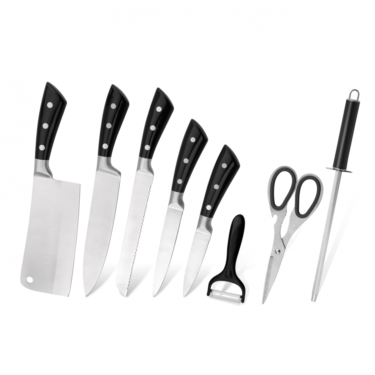 K124-Hot sale 8 pcs 3cr13 430 hindi kinakalawang na asero kitchen chef knife set na may scissor peeler-ZX | kutsilyo sa kusina,Mga tool sa kusina,Silicone Cake Mould,Cutting Board,Baking Tool Sets,Chef Knife,Steak Knife,Slicer knife,Utility Knife,Paring Knife,Knife block,Knife Stand,Santoku Knife,Toddler Knife,Plastic Knife,Non Stick Painting Kutsilyo,Makulay na Kutsilyo,Kutsilyong Stainless Steel,Pambubukas ng lata,Pambubukas ng Bote,Salaan ng Tsaa,Grater,Egg Beater,Nylon Kitchen tool,Silicone Kitchen Tool,Cookie Cutter,Cooking Knife Set,Knife Sharpener,Peeler,Cake Knife,Cheese Knife,Pizza Kutsilyo, Silicone Spatular, Silicone Spoon, Food Tong, Forged na kutsilyo, Gunting sa Kusina, kutsilyo para sa pagbe-bake ng cake, Mga kutsilyo sa pagluluto ng mga bata, Ukit na kutsilyo