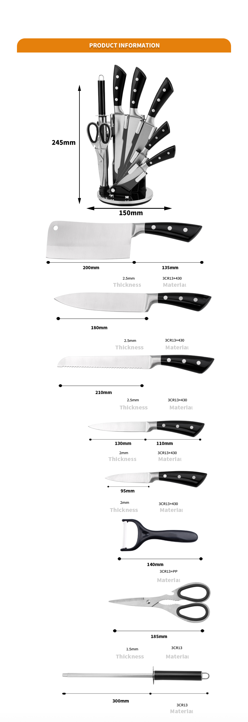 K124-Hot sale 8 pcs 3cr13 430 stainless steel kitchen chef knife set with scissor peeler-ZX | kitchen knife,Kitchen tools,Silicone Cake Mould,Cutting Board,Baking Tool Sets,Chef Knife,Steak Knife,Slicer knife,Utility Knife,Paring Knife,Knife block,Knife Stand,Santoku Knife,toddler Knife,Plastic Knife,Non Stick Painting Knife,Colorful Knife,Stainless Steel Knife,Can opener,bottle Opener,Tea Strainer,Grater,Egg Beater,Nylon Kitchen tool,Silicone Kitchen Tool,Cookie Cutter,Cooking Knife Set,Knife Sharpener,Peeler,Cake Knife,Cheese Knife,Pizza Knife,Silicone Spatular,Silicone Spoon,Food Tong,Forged knife,Kitchen Scissors,cake baking knives,Children’s Cooking knives,Carving Knife