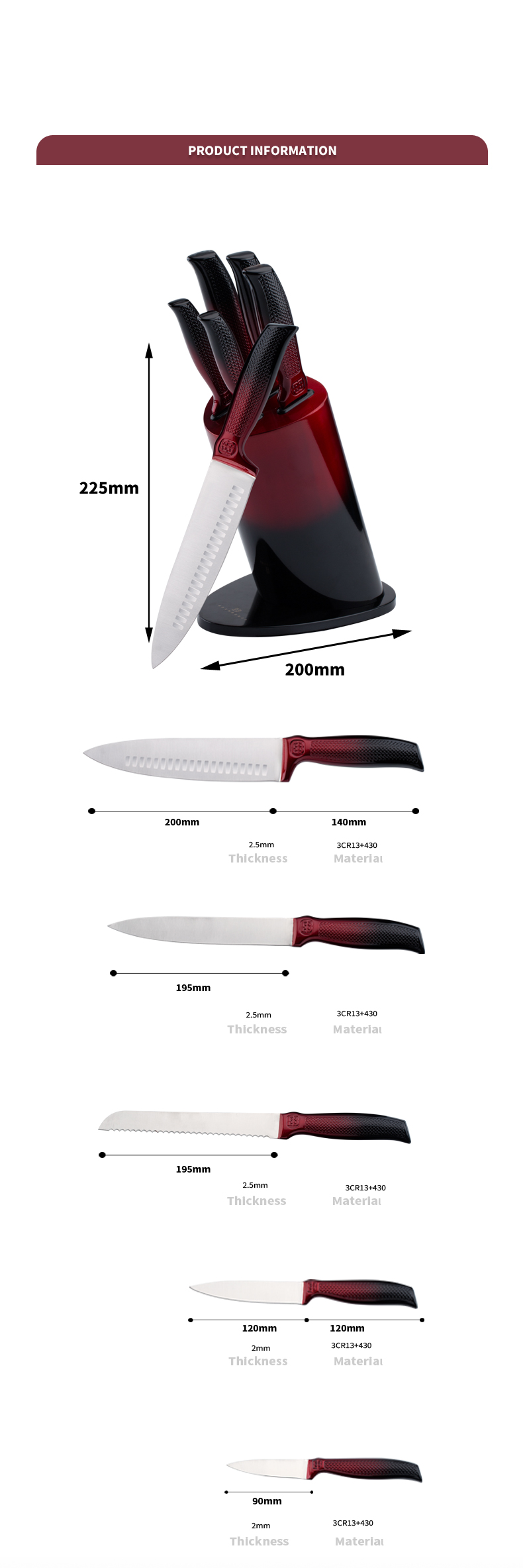 K129-tilpasset 5 stk 3cr13 rustfritt stål kjøkkenkniv kokkeknivsett med fargerik blokk-ZX | kjøkkenkniv, kjøkkenverktøy, silikonkakeform, skjærebrett, bakeverktøysett, kokkekniv, biffkniv, skjærekniv, verktøykniv, skjærekniv, knivblokk, knivstativ, Santoku-kniv, småbarnskniv, plastkniv, non-stick maling Kniv, fargerik kniv, rustfri stålkniv, boksåpner, flaskeåpner, tesil, rivjern, eggvisper, kjøkkenverktøy i nylon, kjøkkenverktøy i silikon, cookie cutter, kokeknivsett, knivsliper, skreller, kakekniv, ostekniv, pizza Kniv, silikon spatel, silikonskje, mattang, smidd kniv, kjøkkensaks, kakebakekniver, kokekniver for barn, utskjæringskniv
