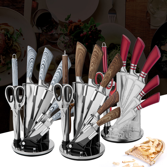 K115-Hot venda na moda 8 pcs de aço inoxidável ultra afiada faca de cozinha culinária conjunto com Acrílico Stand-ZX | faca de cozinha, ferramentas de cozinha, molde de bolo de silicone, tábua de cortar, conjuntos de ferramentas de cozimento, faca de chef, faca de bife, faca de fatiador, faca utilitária, faca de aparar, bloco de faca, suporte de faca, faca Santoku, faca infantil, faca de plástico, pintura antiaderente Faca, faca colorida, faca de aço inoxidável, abridor de latas, abridor de garrafas, coador de chá, ralador, batedor de ovos, ferramenta de cozinha de nylon, ferramenta de cozinha de silicone, cortador de biscoitos, conjunto de facas de cozinha, apontador de facas, descascador, faca de bolo, faca de queijo, pizza Faca, espátula de silicone, colher de silicone, pinça de comida, faca forjada, tesoura de cozinha, facas de cozimento de bolo, facas de cozinha infantil, faca de escultura