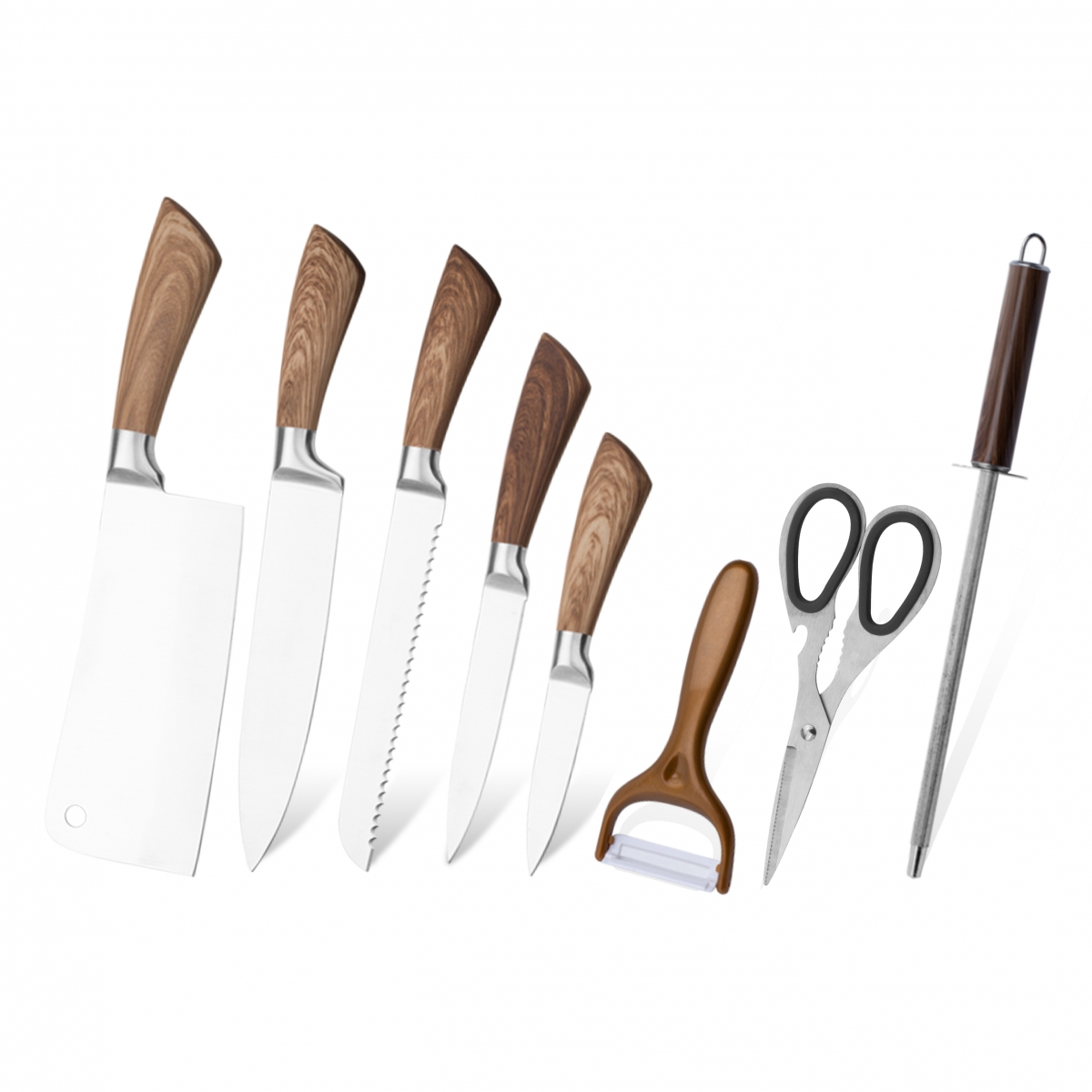 K115-Hot sale trendy 8pcs stainless steel ultra sharp culinary kitchen knife set with Acrylic Stand-ZX | kitchen knife,Kitchen tools,Silicone Cake Mould,Cutting Board,Baking Tool Sets,Chef Knife,Steak Knife,Slicer knife,Utility Knife,Paring Knife,Knife block,Knife Stand,Santoku Knife,toddler Knife,Plastic Knife,Non Stick Painting Knife,Colorful Knife,Stainless Steel Knife,Can opener,bottle Opener,Tea Strainer,Grater,Egg Beater,Nylon Kitchen tool,Silicone Kitchen Tool,Cookie Cutter,Cooking Knife Set,Knife Sharpener,Peeler,Cake Knife,Cheese Knife,Pizza Knife,Silicone Spatular,Silicone Spoon,Food Tong,Forged knife,Kitchen Scissors,cake baking knives,Children’s Cooking knives,Carving Knife