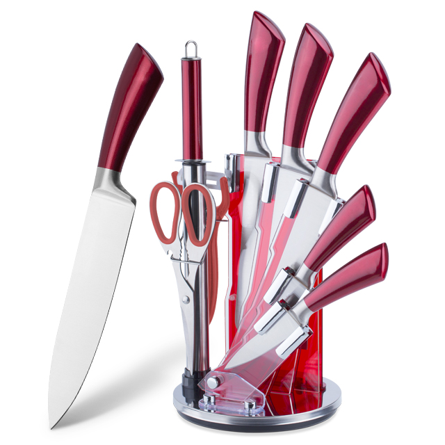 K140-Hot salg 9stk rustfritt stål kokk kjøkkenkniv sett med akryl blokk-ZX | kjøkkenkniv, kjøkkenverktøy, silikonkakeform, skjærebrett, bakeverktøysett, kokkekniv, biffkniv, skjærekniv, verktøykniv, skjærekniv, knivblokk, knivstativ, Santoku-kniv, småbarnskniv, plastkniv, non-stick maling Kniv, fargerik kniv, rustfri stålkniv, boksåpner, flaskeåpner, tesil, rivjern, eggvisper, kjøkkenverktøy i nylon, kjøkkenverktøy i silikon, cookie cutter, kokeknivsett, knivsliper, skreller, kakekniv, ostekniv, pizza Kniv, silikon spatel, silikonskje, mattang, smidd kniv, kjøkkensaks, kakebakekniver, kokekniver for barn, utskjæringskniv