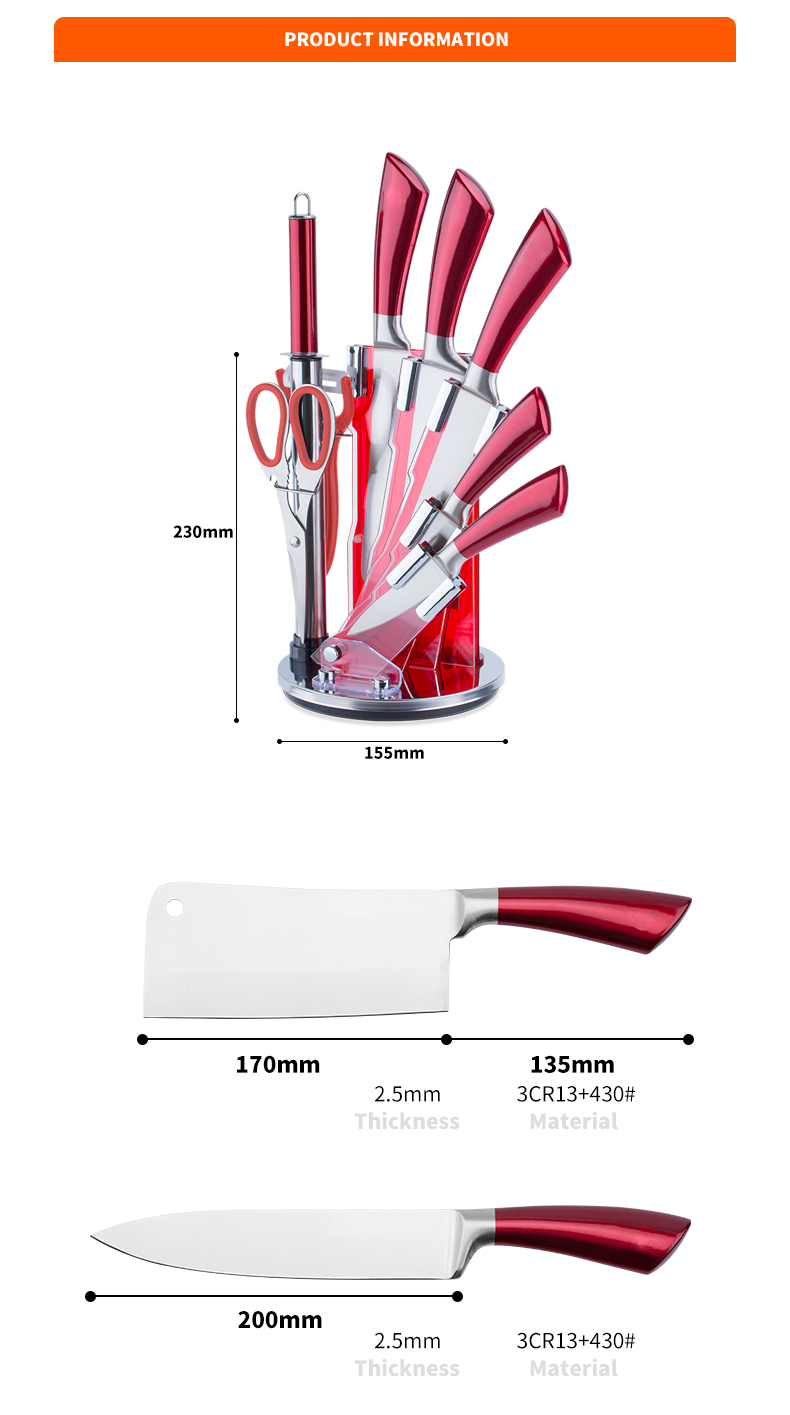 K140-Set de 9 bucăți din oțel inoxidabil pentru bucătar cuțite de bucătărie cu bloc acrilic-ZX | cuțit de bucătărie, unelte de bucătărie, matriță din silicon pentru prăjituri, tablă de tăiat, seturi de instrumente de coacere, cuțit de bucătar, cuțit de friptură, cuțit de feliător, cuțit utilitar, cuțit de tăiat, bloc de cuțite, suport de cuțit, cuțit Santoku, cuțit pentru copii mici, cuțit de plastic, vopsea antiaderență Cuțit, cuțit colorat, cuțit din oțel inoxidabil, deschizător de conserve, deschizător de sticle, strecurătoare de ceai, răzătoare, batător de ouă, unealtă de bucătărie din nylon, unealtă de bucătărie din silicon, tăietor de prăjituri, set de cuțite de gătit, ascuțitor de cuțite, decojie, cuțit pentru prăjituri, cuțit pentru brânză, pizza Cuțit, spatular din silicon, lingură din silicon, clește pentru mâncare, cuțit forjat, foarfece de bucătărie, cuțite pentru copt, cuțite de gătit pentru copii, cuțit de sculptat