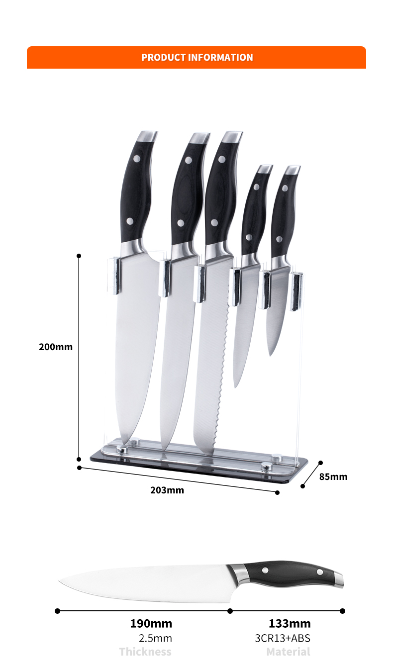 6pcs 3cr13 hindi kinakalawang na asero chef kutsilyo set ng kutsilyo sa kusina na may acylic block-ZX | kutsilyo sa kusina,Mga tool sa kusina,Silicone Cake Mould,Cutting Board,Baking Tool Sets,Chef Knife,Steak Knife,Slicer knife,Utility Knife,Paring Knife,Knife block,Knife Stand,Santoku Knife,Toddler Knife,Plastic Knife,Non Stick Painting Kutsilyo,Makulay na Kutsilyo,Kutsilyong Stainless Steel,Pambubukas ng lata,Pambubukas ng Bote,Salaan ng Tsaa,Grater,Egg Beater,Nylon Kitchen tool,Silicone Kitchen Tool,Cookie Cutter,Cooking Knife Set,Knife Sharpener,Peeler,Cake Knife,Cheese Knife,Pizza Knife, Silicone Spatular, Silicone Spoon, Food Tong, Forged na kutsilyo, Gunting sa Kusina, mga kutsilyo sa pagbe-bake ng cake, Mga kutsilyo sa pagluluto ng mga bata, Ukit na kutsilyo