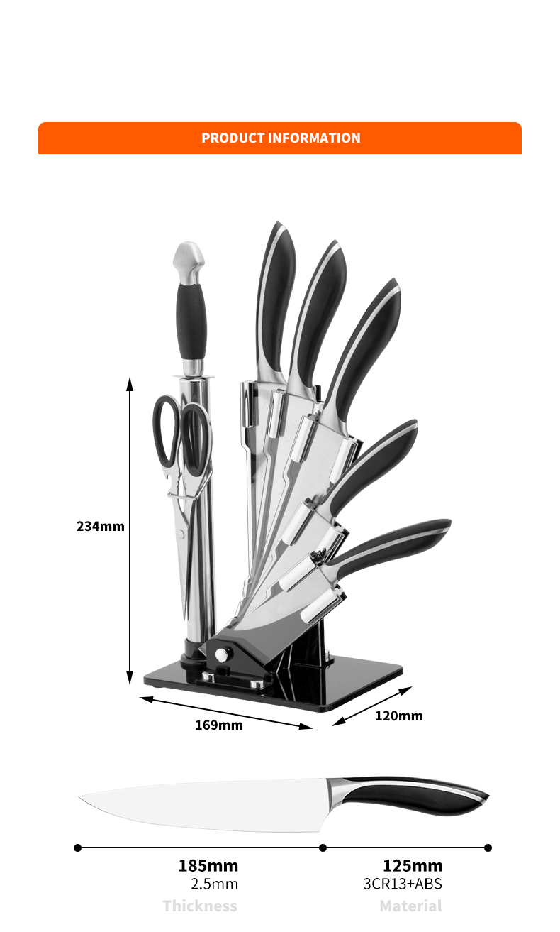 G119-Premium 8pcs 3cr13 Aço Inoxidável descascador de frutas tesoura de cozinha conjunto de facas de cozinha com bloco acylic-ZX | faca de cozinha, ferramentas de cozinha, molde de bolo de silicone, tábua de cortar, conjuntos de ferramentas de cozimento, faca de chef, faca de bife, faca de fatiador, faca utilitária, faca de aparar, bloco de faca, suporte de faca, faca Santoku, faca infantil, faca de plástico, pintura antiaderente Faca, faca colorida, faca de aço inoxidável, abridor de latas, abridor de garrafas, coador de chá, ralador, batedor de ovos, ferramenta de cozinha de nylon, ferramenta de cozinha de silicone, cortador de biscoitos, conjunto de facas de cozinha, apontador de facas, descascador, faca de bolo, faca de queijo, pizza Faca, espátula de silicone, colher de silicone, pinça de comida, faca forjada, tesoura de cozinha, facas de cozimento de bolo, facas de cozinha infantil, faca de escultura