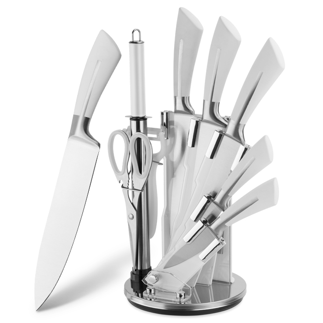 G127-Private Label nou design 8buc 3cr13 Set de cuțite de bucătărie Chef Knives din oțel inoxidabil cu bloc acylic-ZX | cuțit de bucătărie, unelte de bucătărie, matriță din silicon pentru prăjituri, tablă de tăiat, seturi de instrumente de coacere, cuțit de bucătar, cuțit de friptură, cuțit de feliător, cuțit utilitar, cuțit de tăiat, bloc de cuțite, suport de cuțit, cuțit Santoku, cuțit pentru copii mici, cuțit de plastic, vopsea antiaderență Cuțit, cuțit colorat, cuțit din oțel inoxidabil, deschizător de conserve, deschizător de sticle, strecurătoare de ceai, răzătoare, batător de ouă, unealtă de bucătărie din nylon, unealtă de bucătărie din silicon, tăietor de prăjituri, set de cuțite de gătit, ascuțitor de cuțite, decojie, cuțit pentru prăjituri, cuțit pentru brânză, pizza Cuțit, spatular din silicon, lingură din silicon, clește pentru mâncare, cuțit forjat, foarfece de bucătărie, cuțite pentru copt, cuțite de gătit pentru copii, cuțit de sculptat